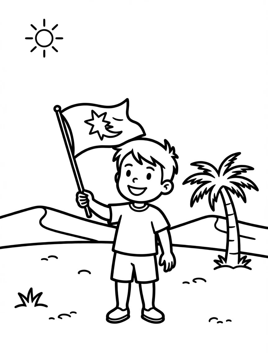A cheerful child with a flag and a desert for Mauritania.