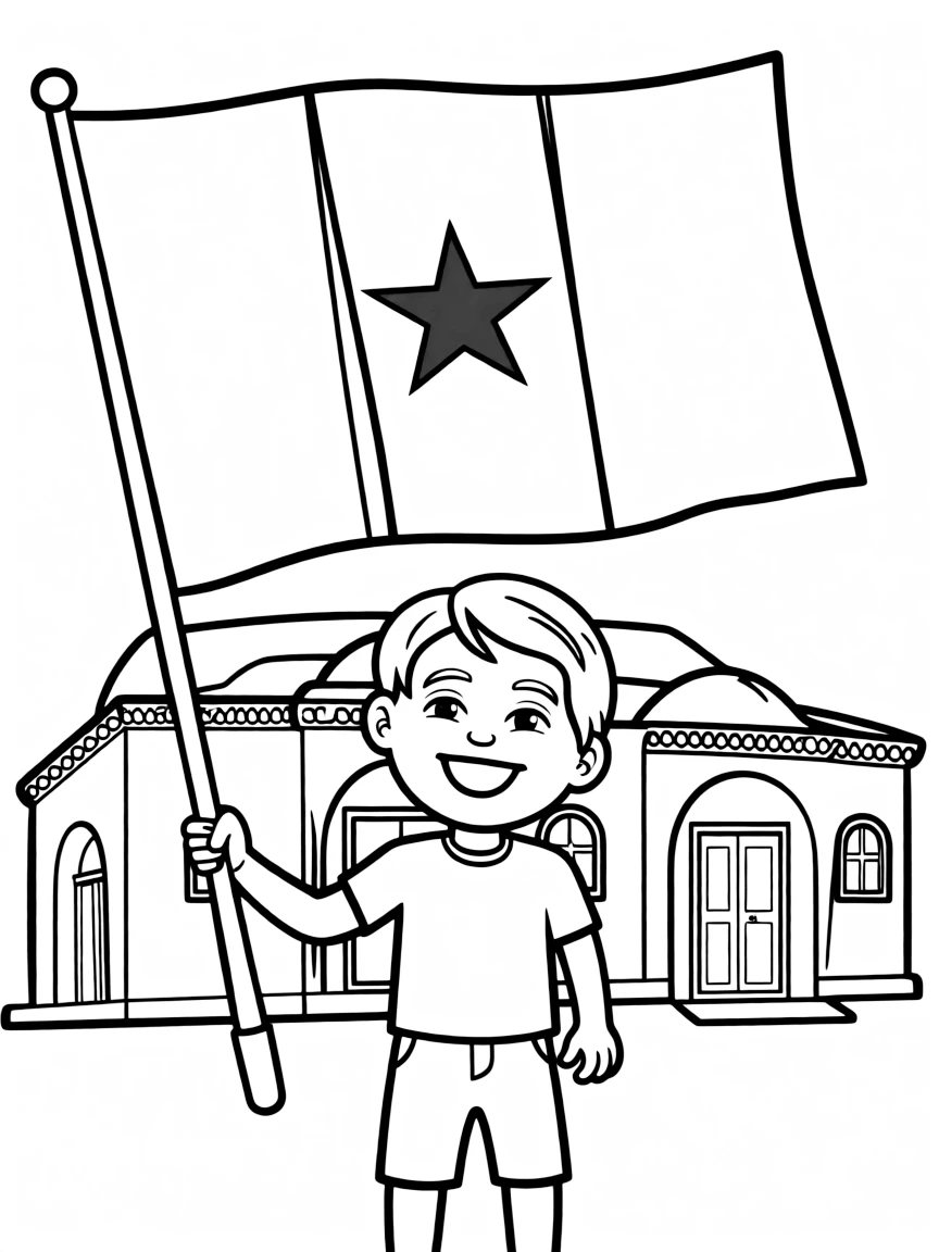 A child with a flag and a traditional building for Senegal.