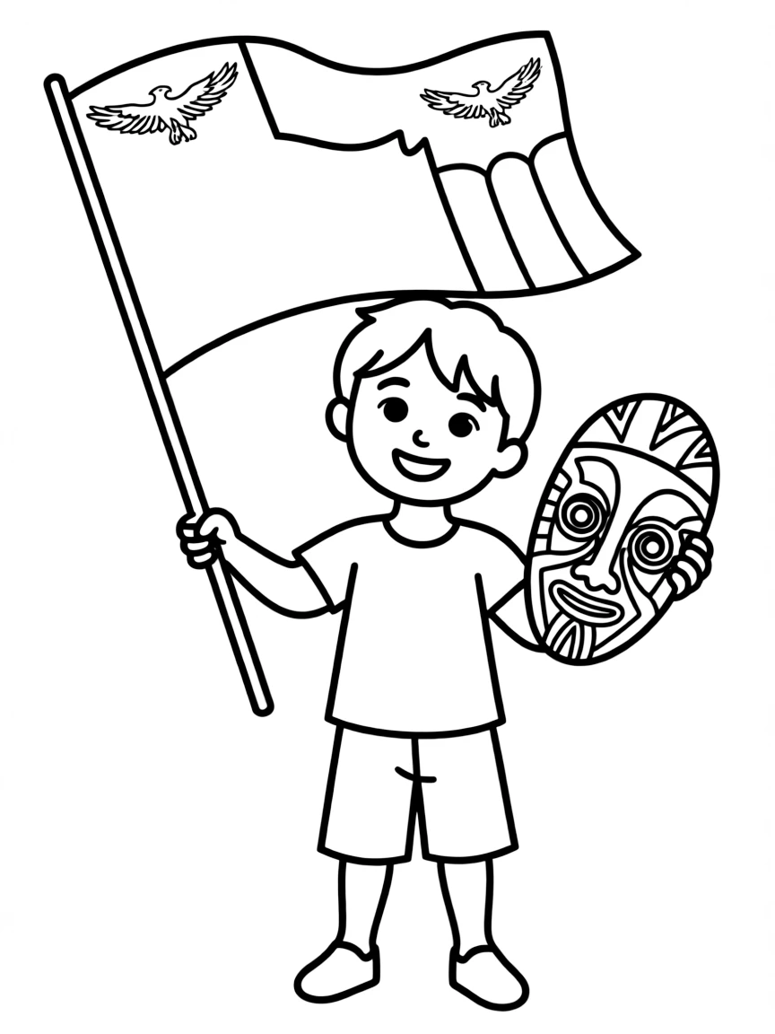 A child with a flag and a traditional mask for Zambia.