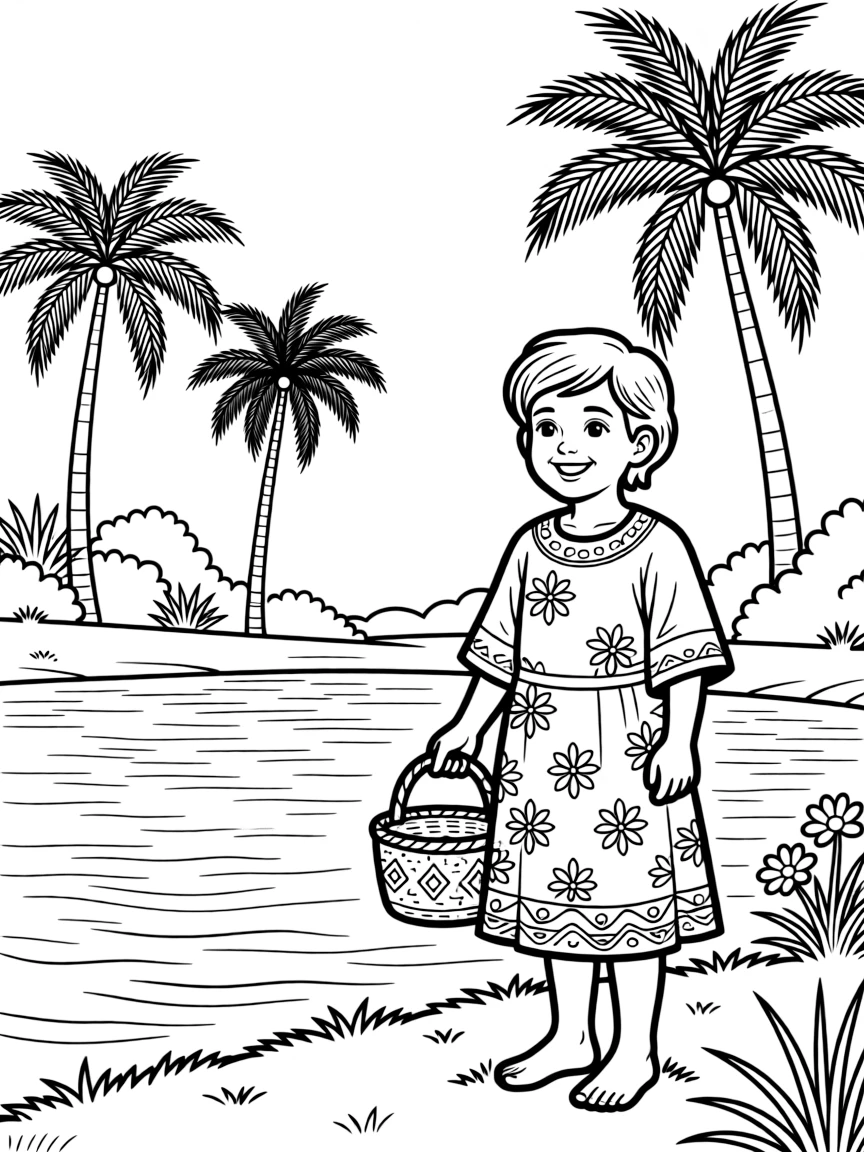 A smiling child with a traditional dress and a lake for Malawi.