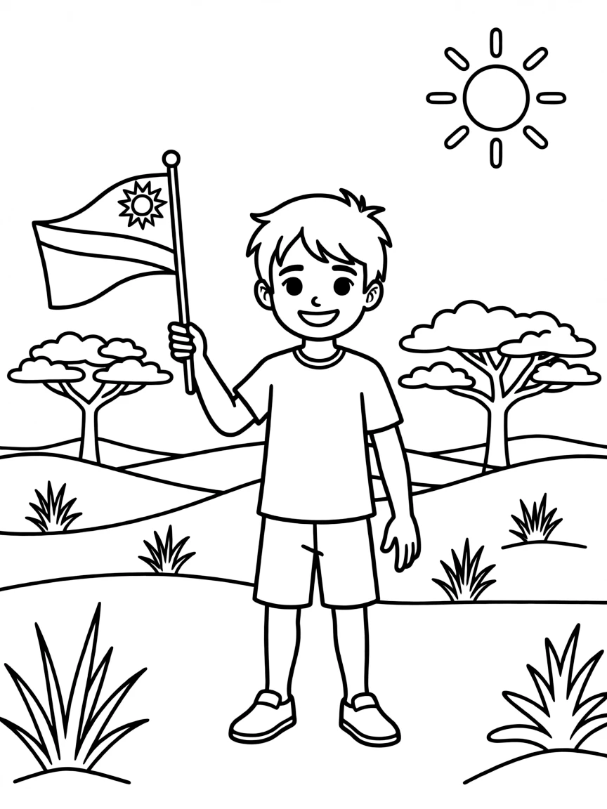 A happy child with a flag and a desert for Namibia.