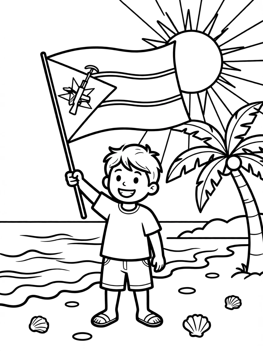 A cheerful child with a flag and a beach for Mozambique.
