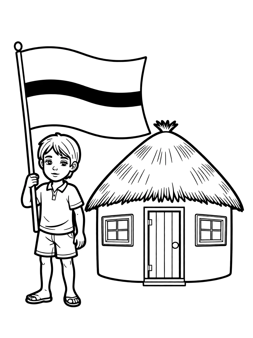 A child with a flag and a traditional building for Botswana.