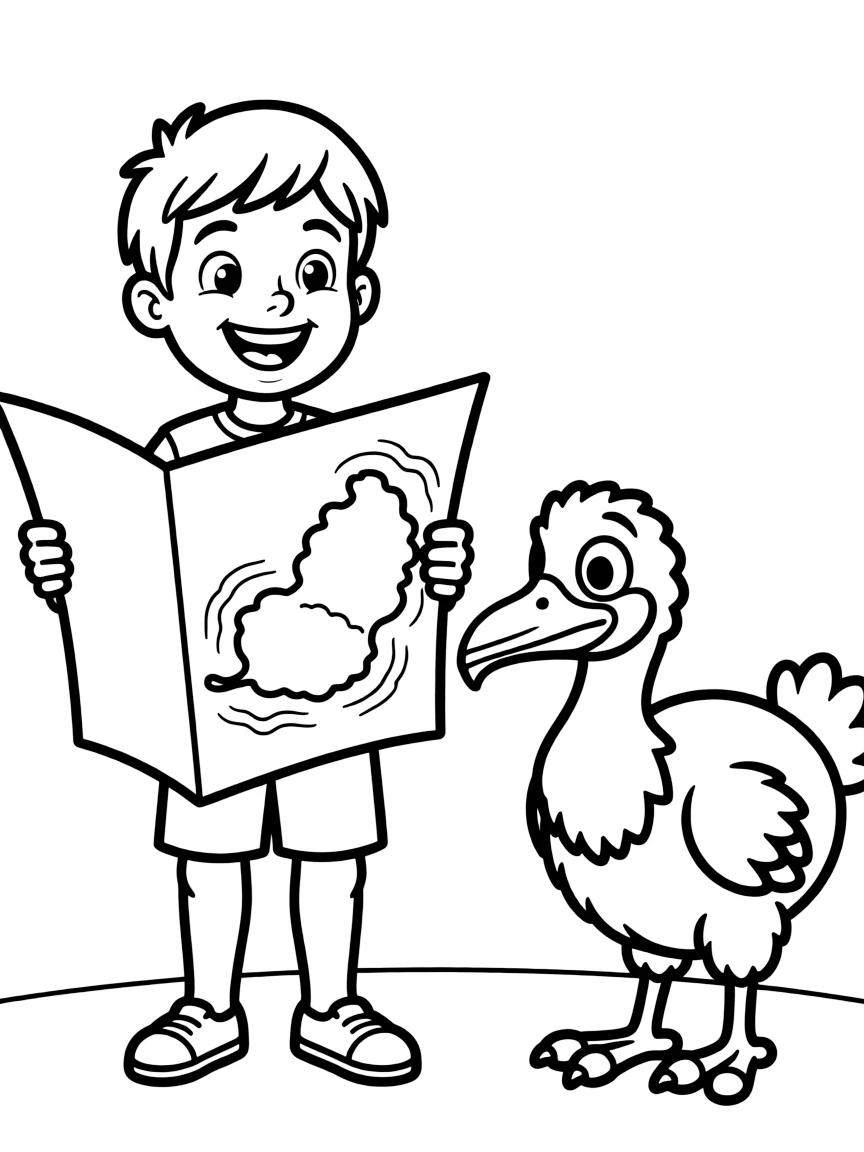 A cheerful child with a map of Mauritius and a dodo bird.