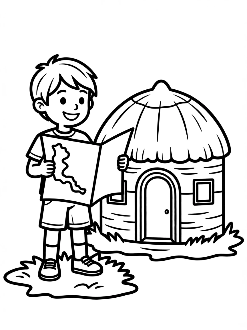 A child with a map of Eritrea and a traditional house.