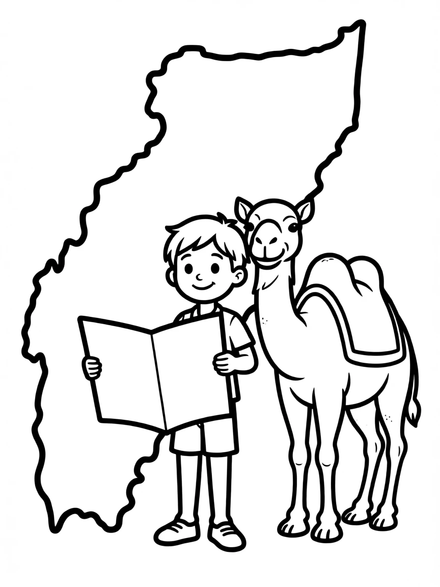 A smiling child with a map of Somalia and a camel.