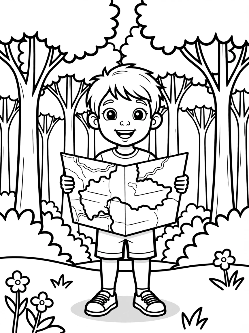 A cheerful child with a map of Central African Republic and a forest.