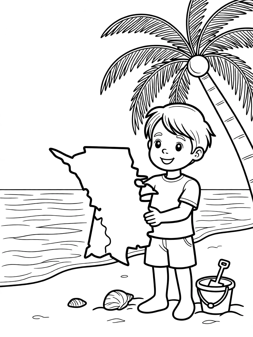 A child with a map of Equatorial Guinea and a beach.