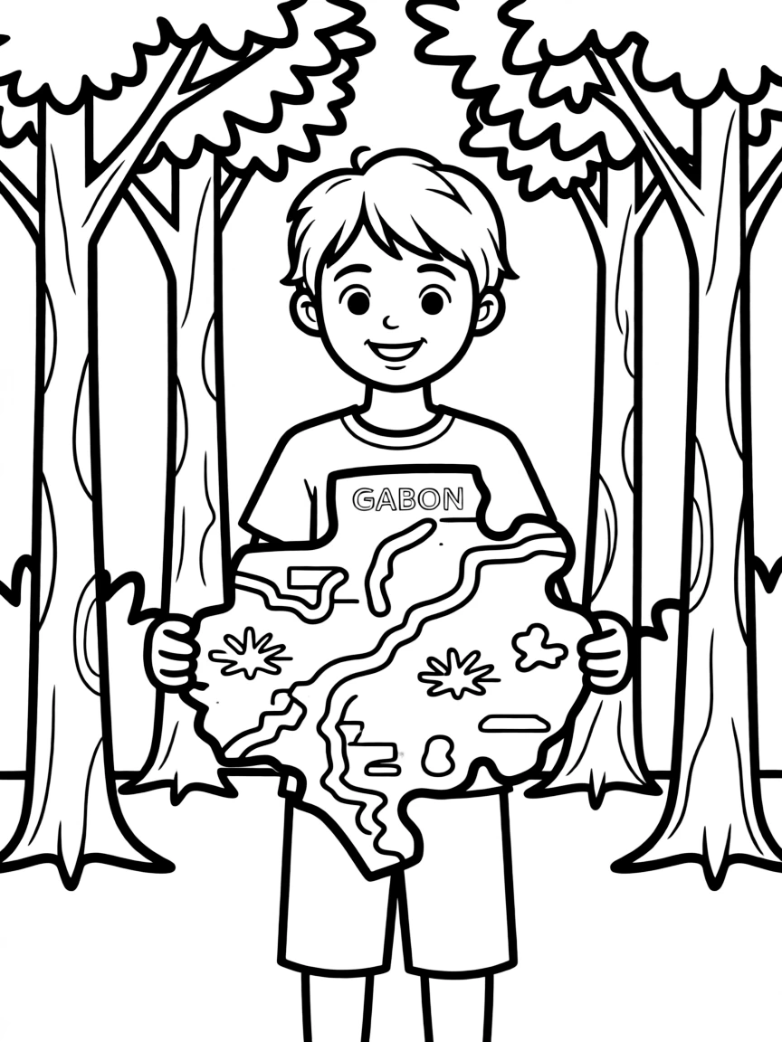 A smiling child with a map of Gabon and a forest.