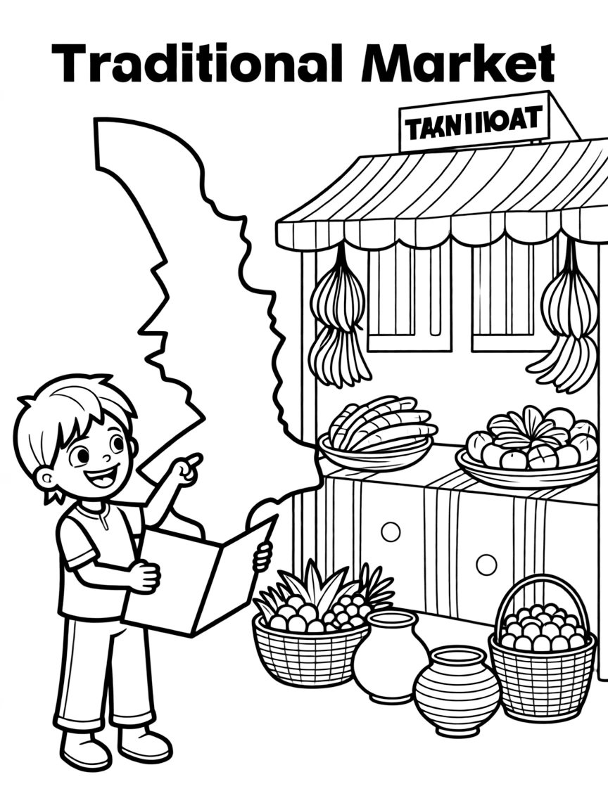 A happy child with a map of Togo and a traditional market.