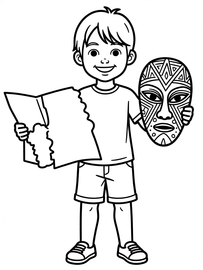 A cheerful child with a map of Benin and a traditional mask.