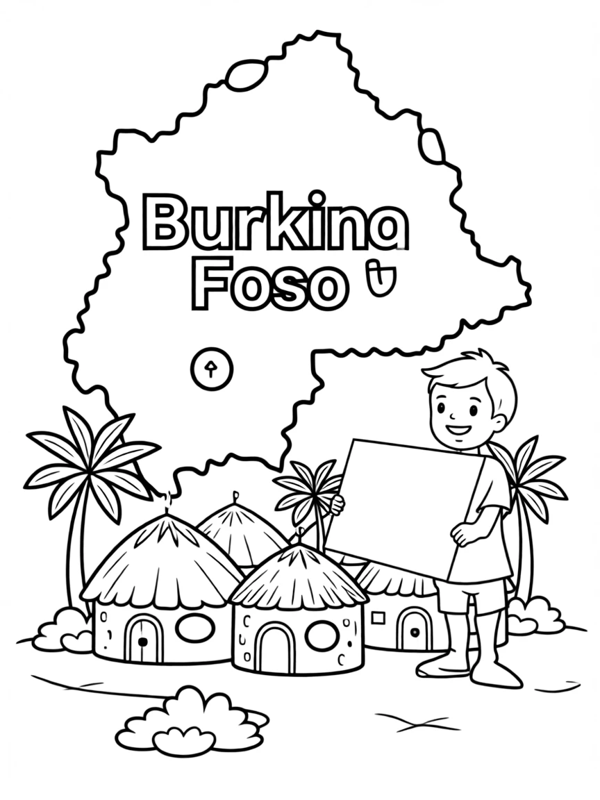 A child with a map of Burkina Faso and a traditional village.