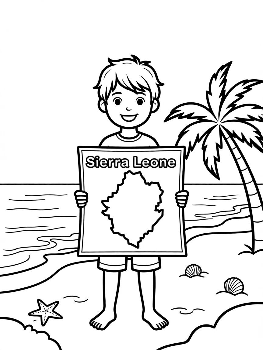 A happy child with a map of Sierra Leone and a beach.