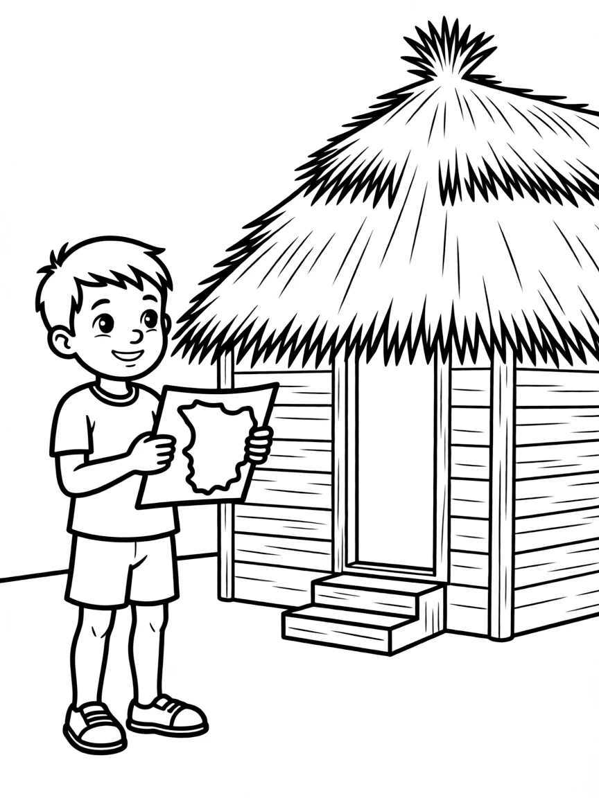 A child with a map of Guinea-Bissau and a traditional house.
