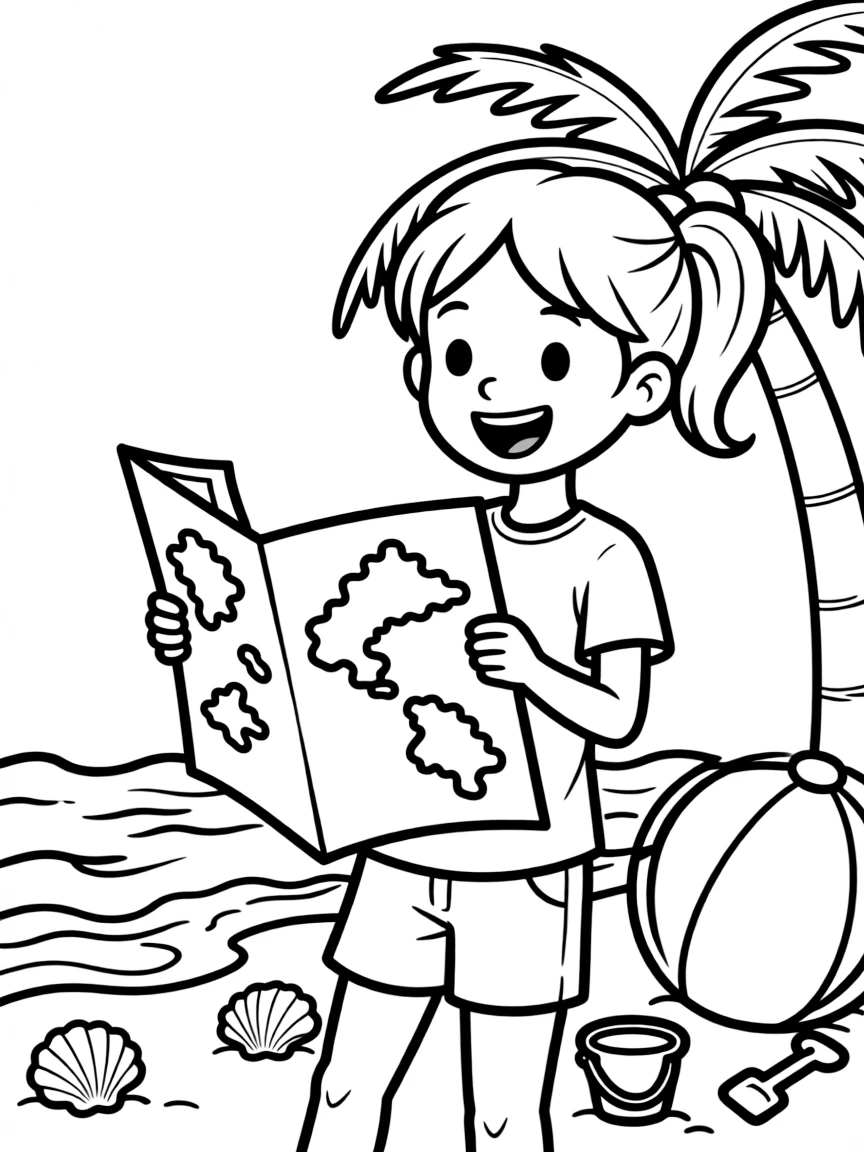 A cheerful child with a map of Sao Tome and Principe and a beach.