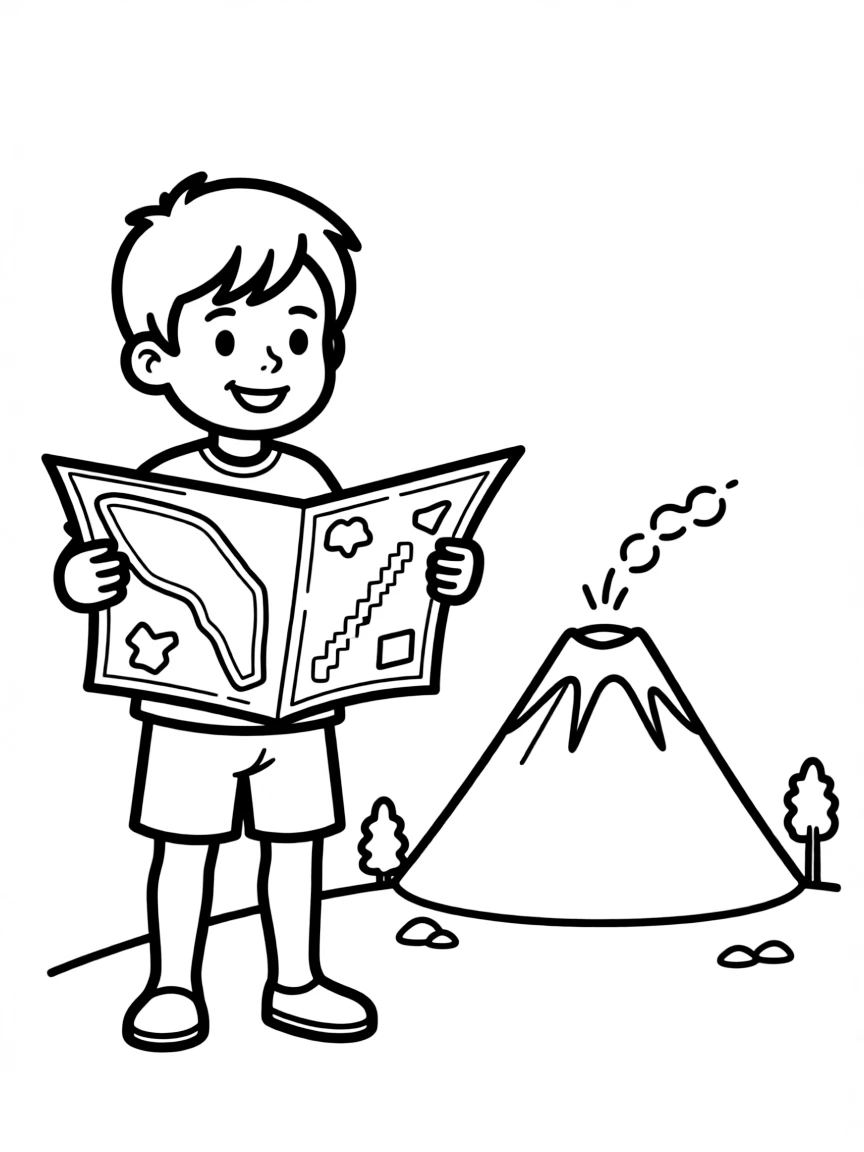 A child with a map of Vanuatu and a volcano.