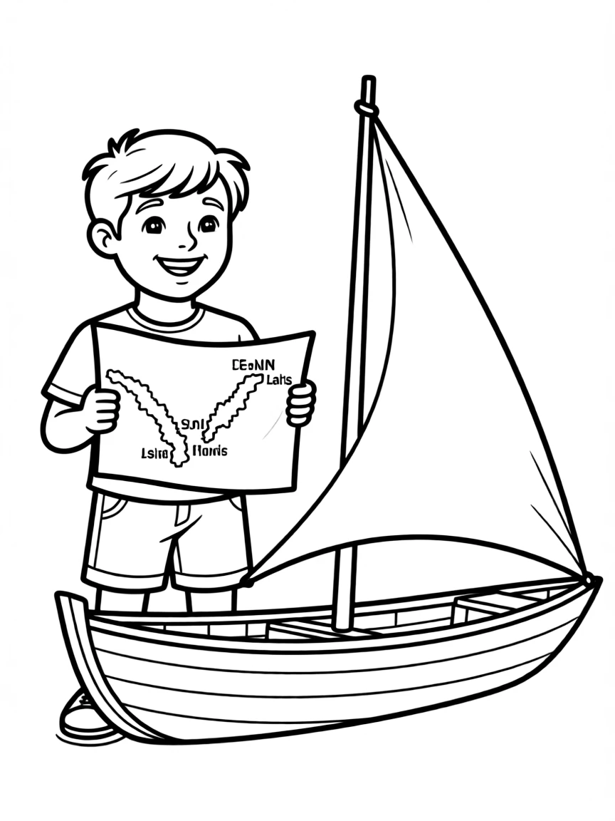 A happy child with a map of Solomon Islands and a traditional boat.