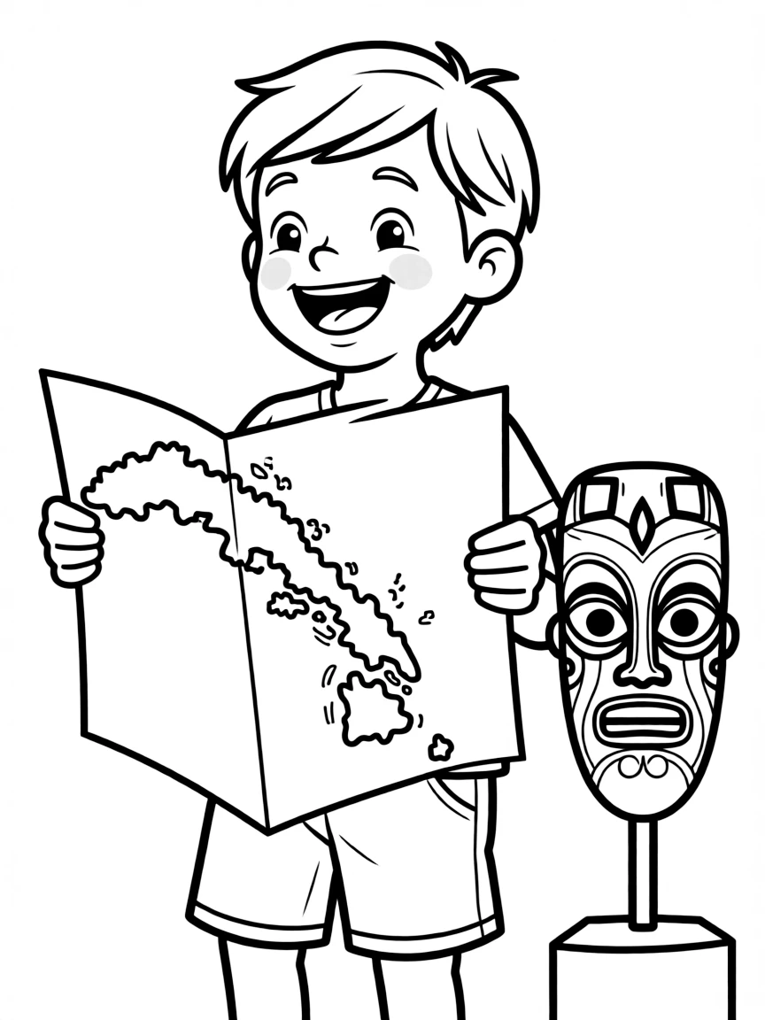 A cheerful child with a map of Papua New Guinea and a traditional mask.