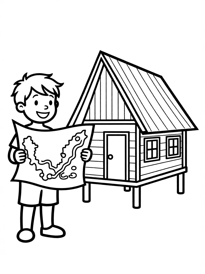 A child with a map of Timor-Leste and a traditional house.
