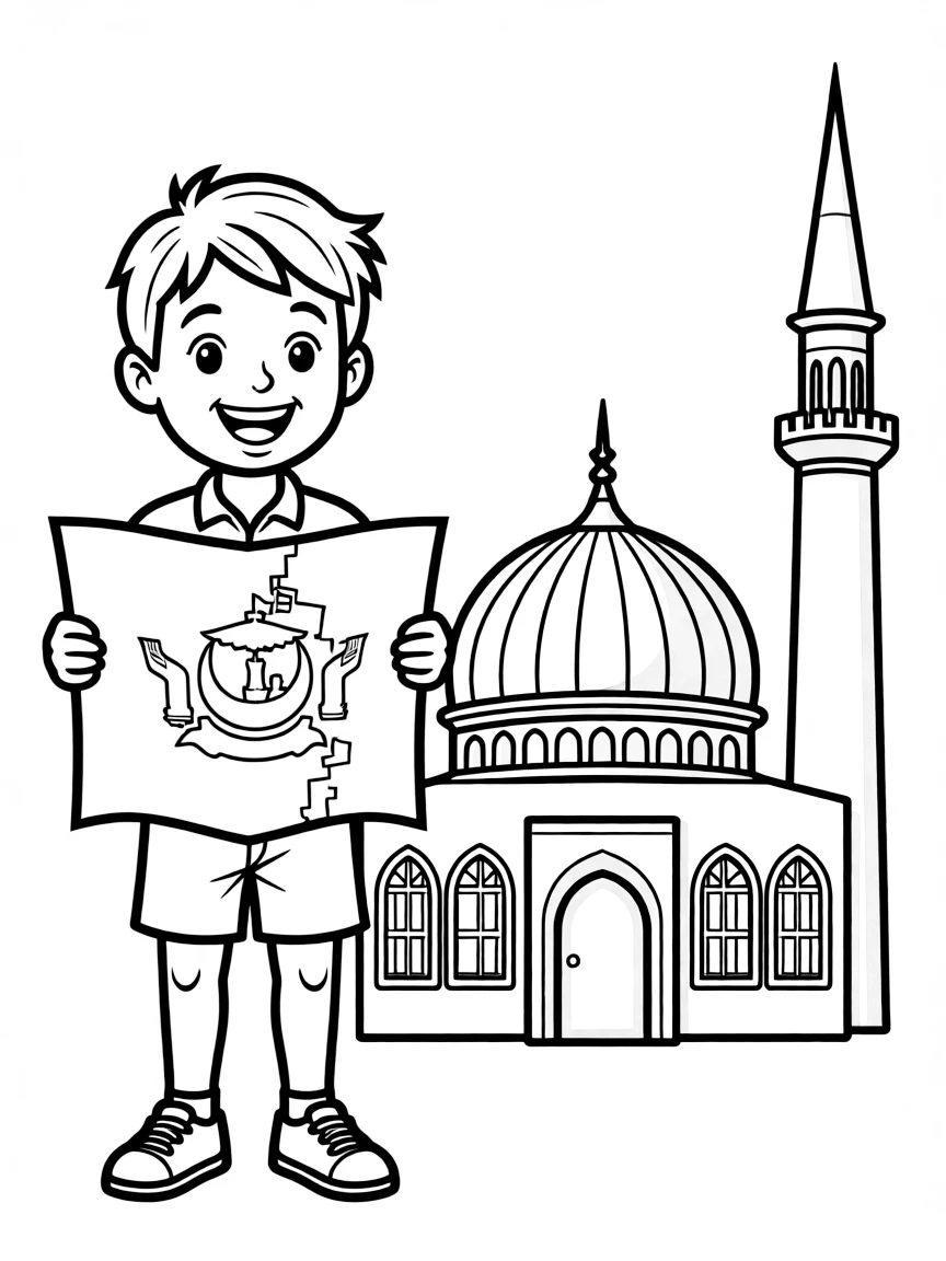 A smiling child with a map of Brunei and a mosque.