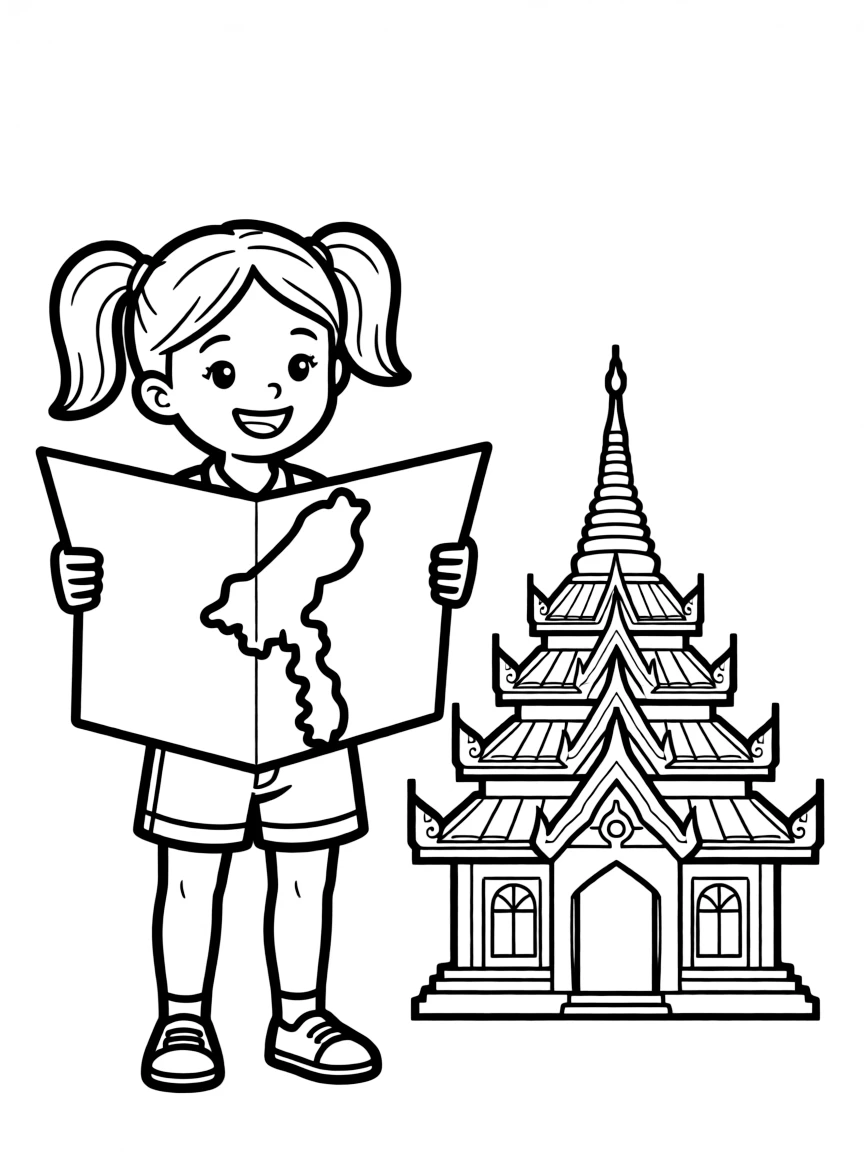 A cheerful child with a map of Myanmar and a pagoda.
