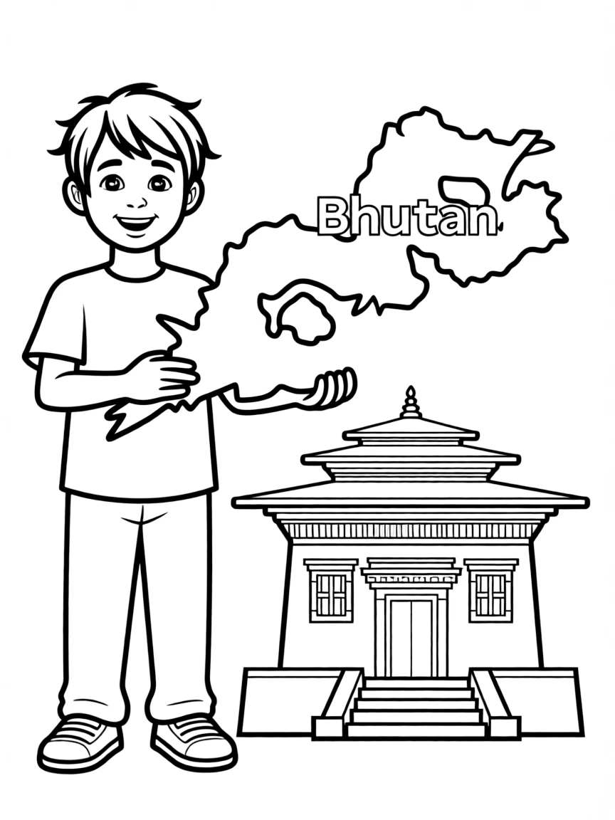 A smiling child with a map of Bhutan and a monastery.