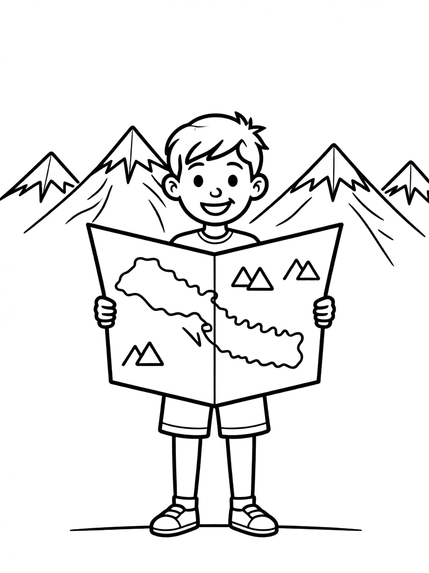 A happy child with a map of Nepal and mountains.