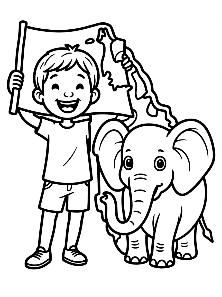 A cheerful child with a map of Sri Lanka and an elephant.