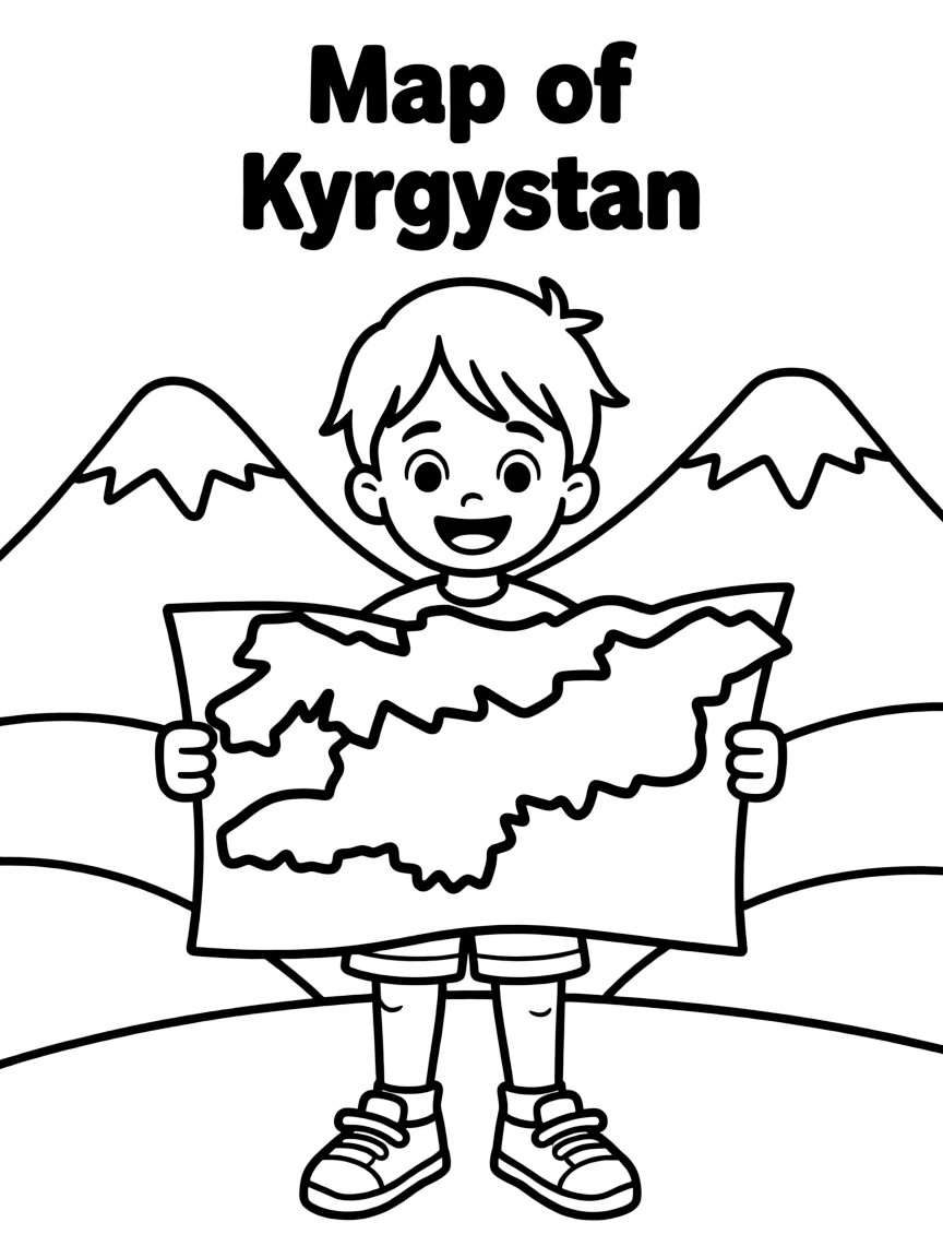 A smiling child with a map of Kyrgyzstan and mountains.