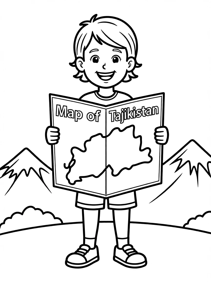 A happy child with a map of Tajikistan and mountains.