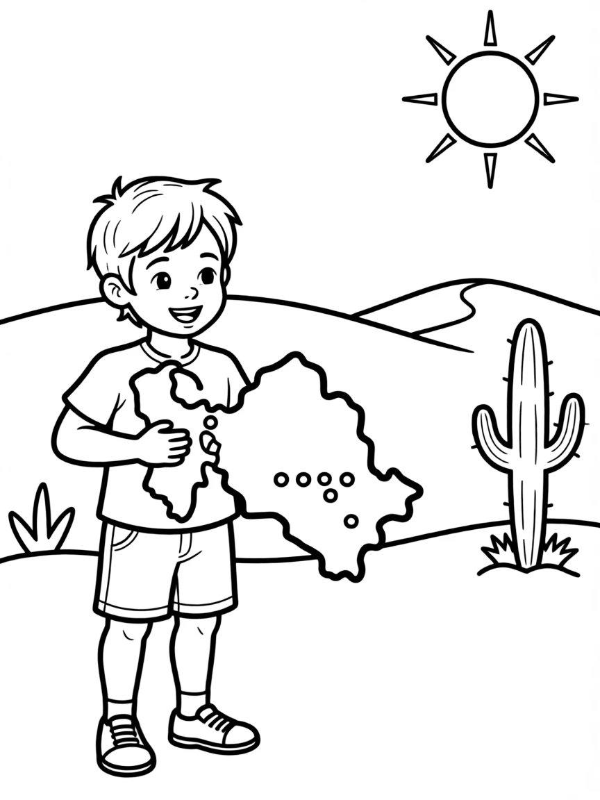 A cheerful child with a map of Turkmenistan and a desert.