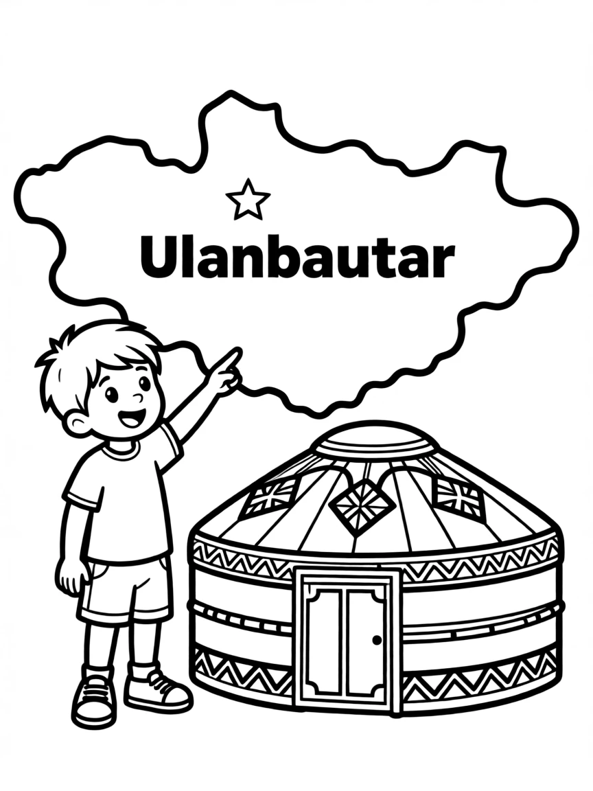 A child with a map of Mongolia and a yurt.
