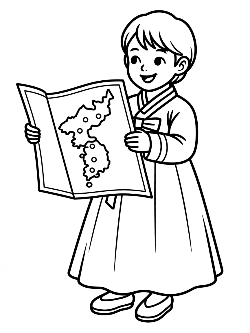 A smiling child with a map of North Korea and a traditional costume.