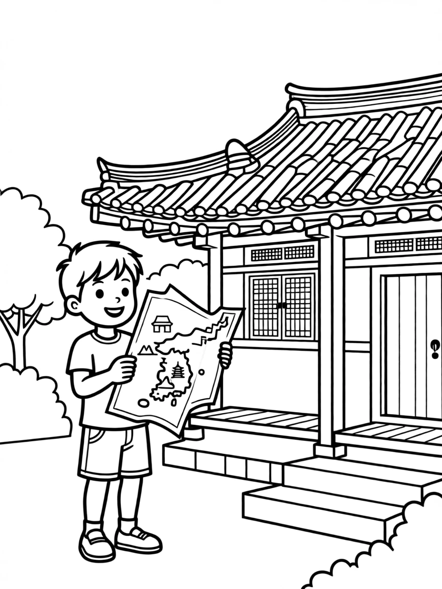 A happy child with a map of South Korea and a traditional house.