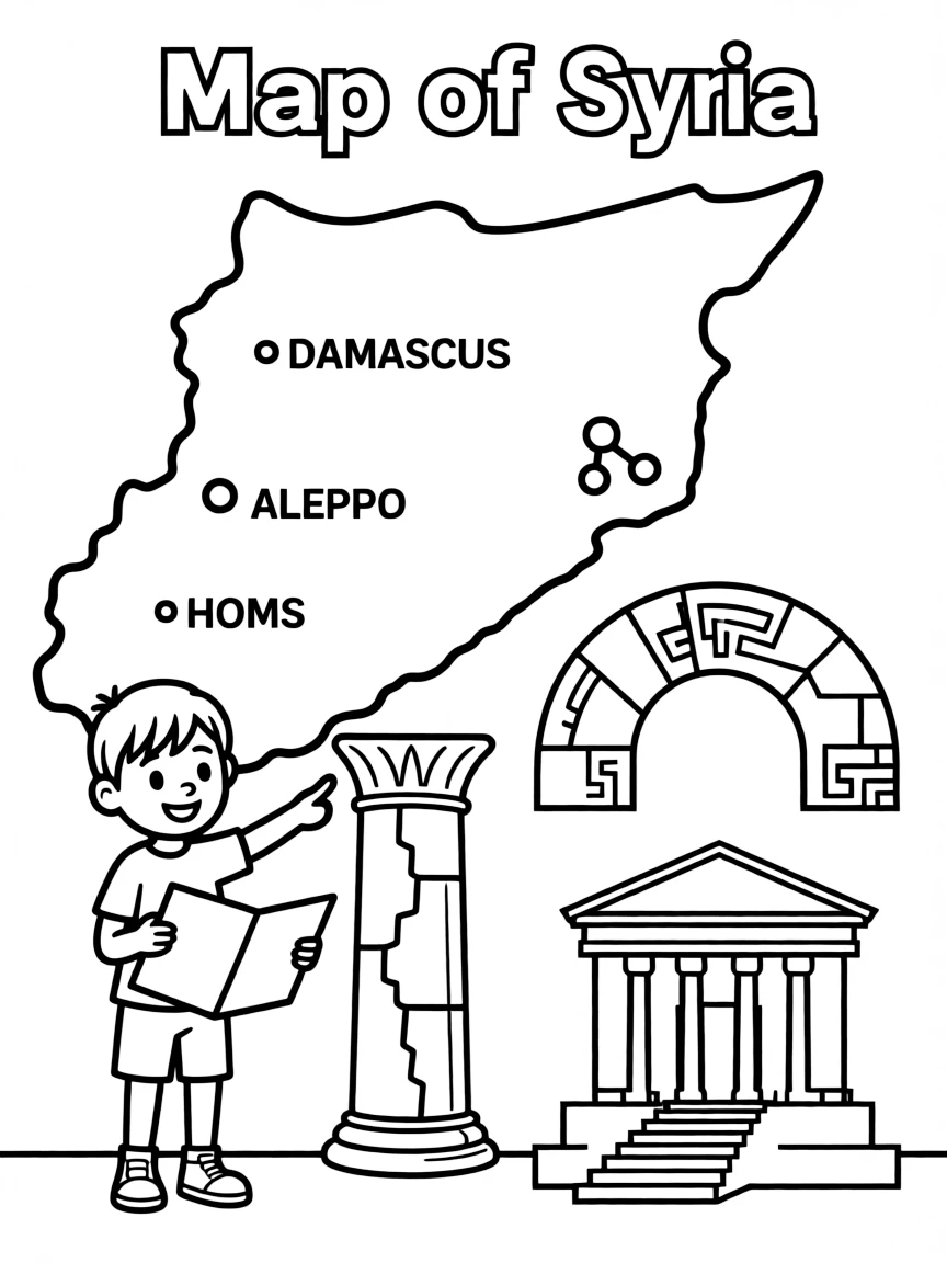 A child with a map of Syria and ancient ruins.