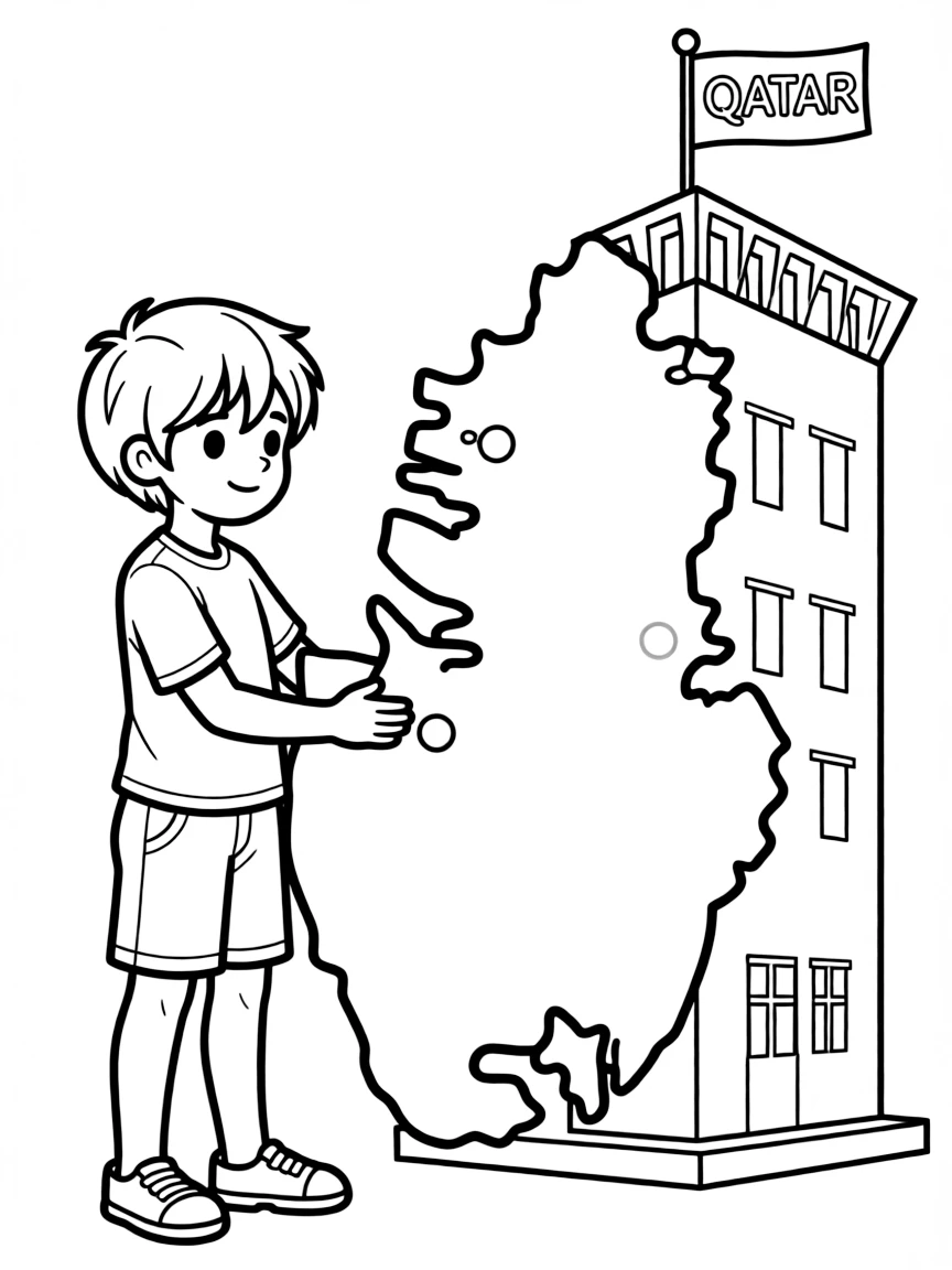 A child with a map of Qatar and a modern building.