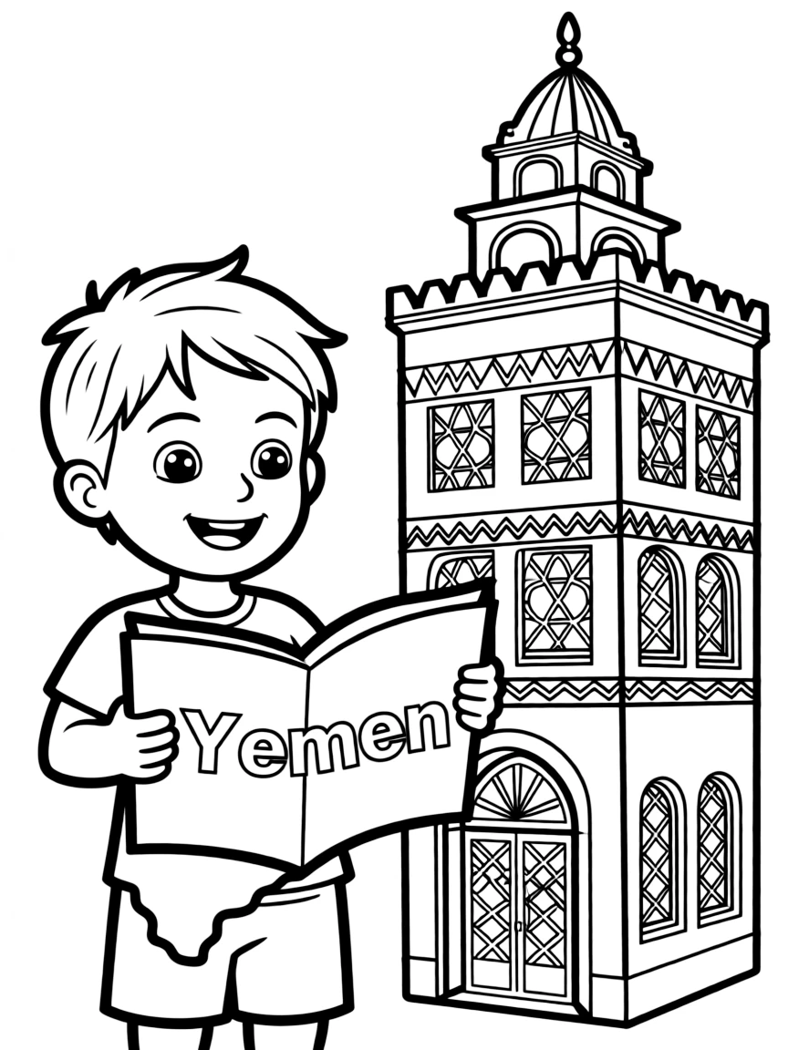 A happy child with a map of Yemen and a traditional building.