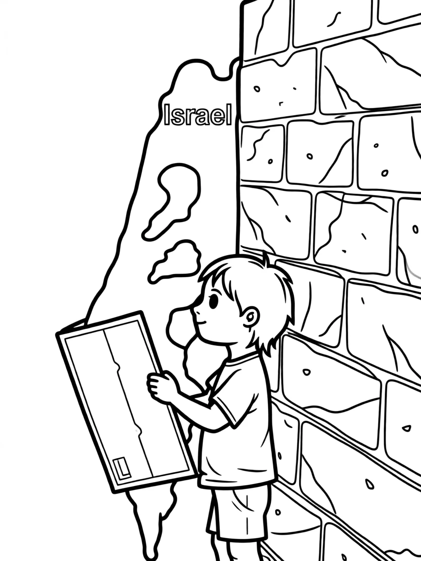 A child with a map of Israel and a wall.