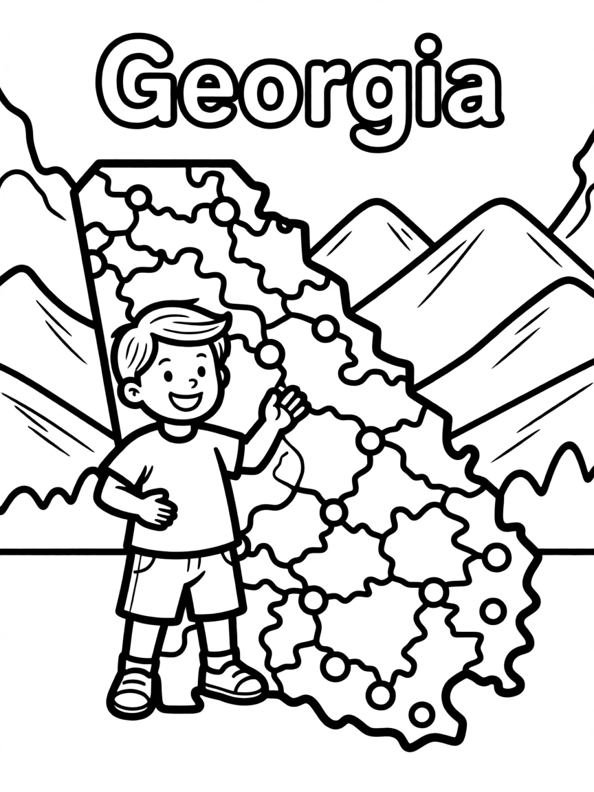 A happy child with a map of Georgia and mountains.