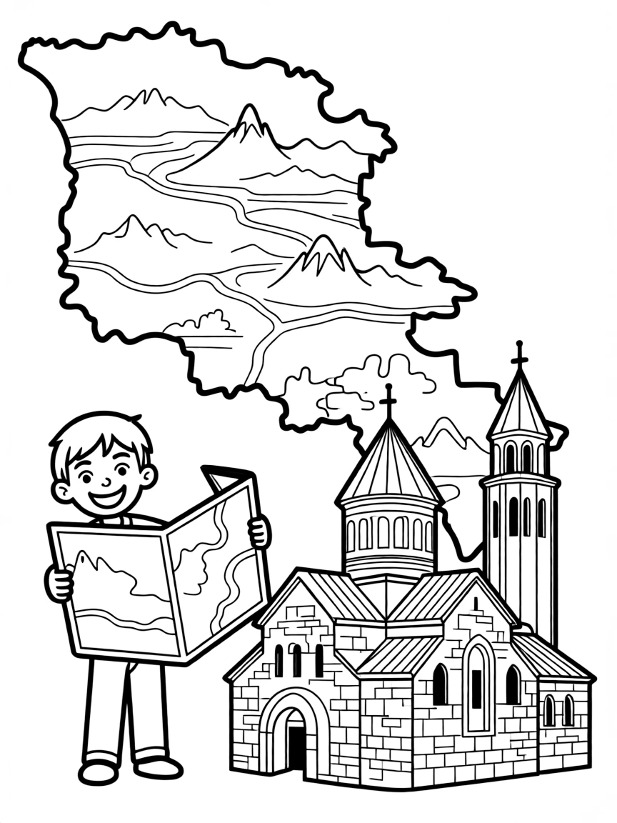 A cheerful child with a map of Armenia and a monastery.