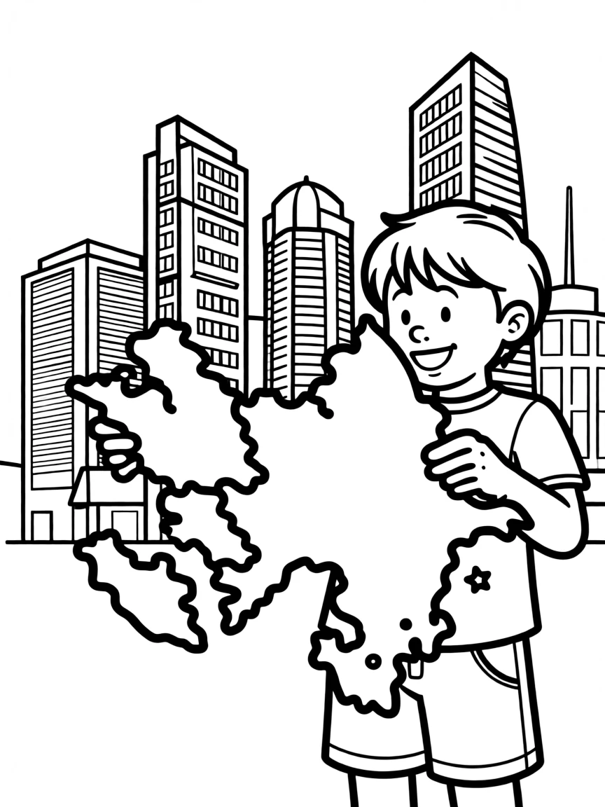 A child with a map of Azerbaijan and modern buildings.