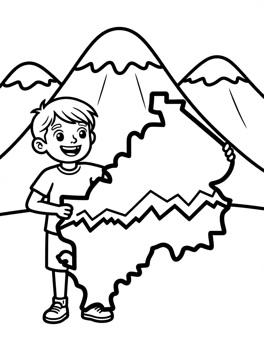 A smiling child with a map of Montenegro and mountains.