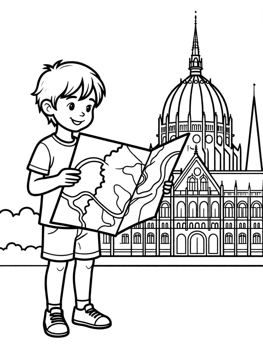 A child with a map of Hungary and a parliament building.