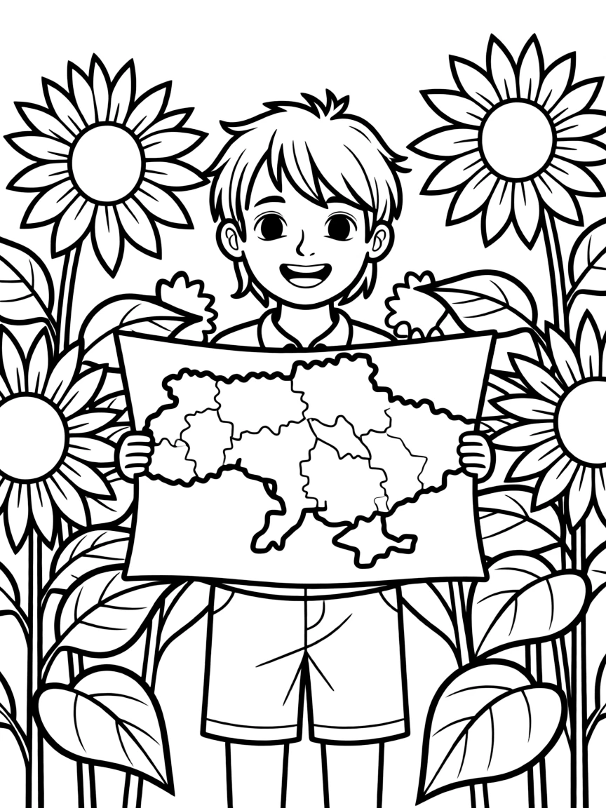 A cheerful child with a map of Ukraine and a sunflower field.