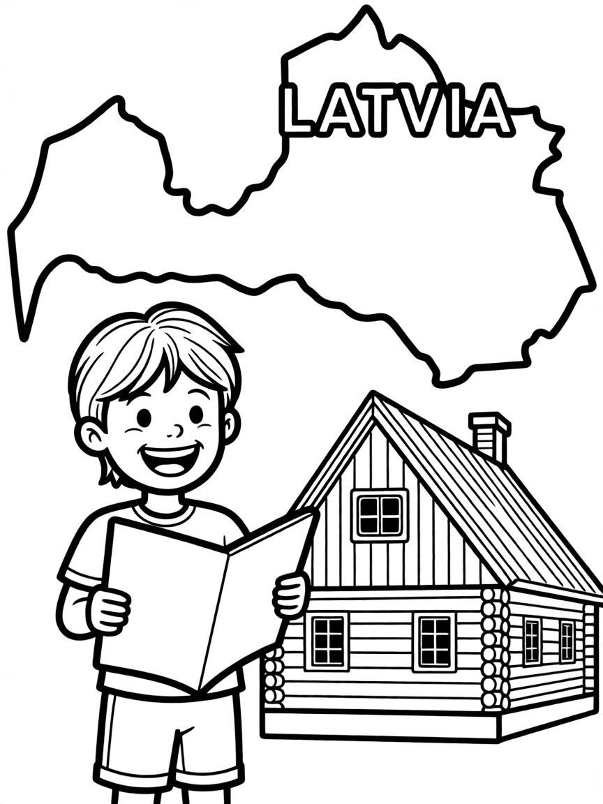 A happy child with a map of Latvia and a traditional building.