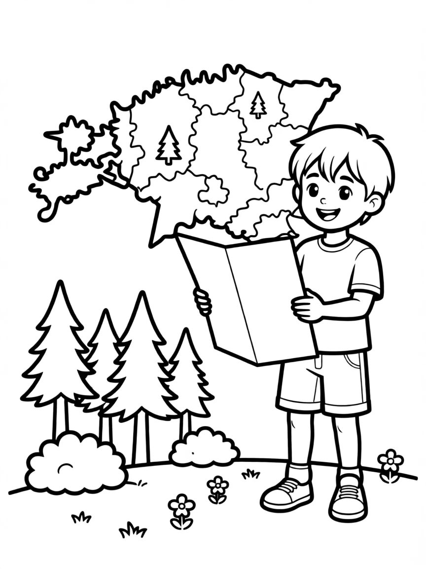 A cheerful child with a map of Estonia and a forest.