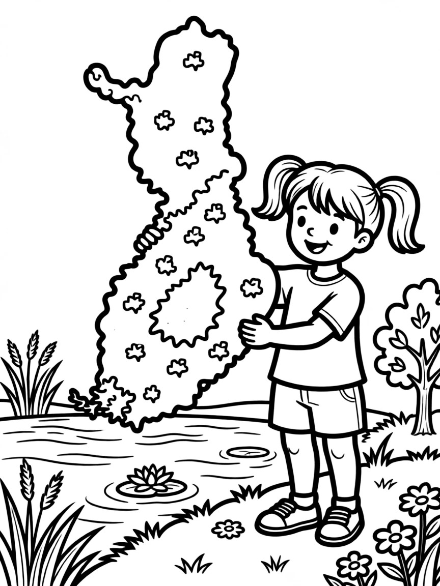 A child with a map of Finland and a lake.