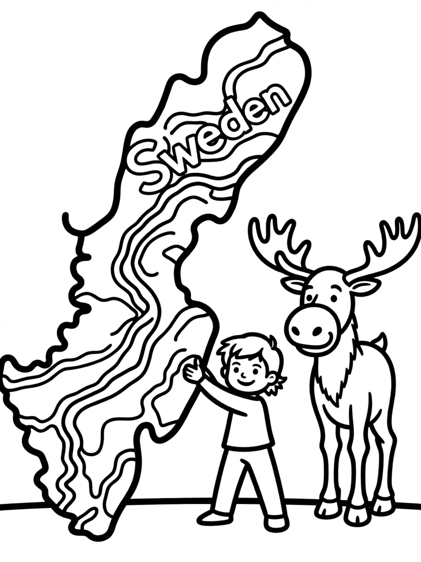 A smiling child with a map of Sweden and a moose.