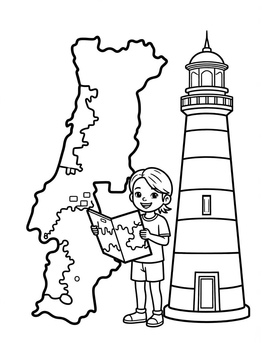 A child with a map of Portugal and a lighthouse.