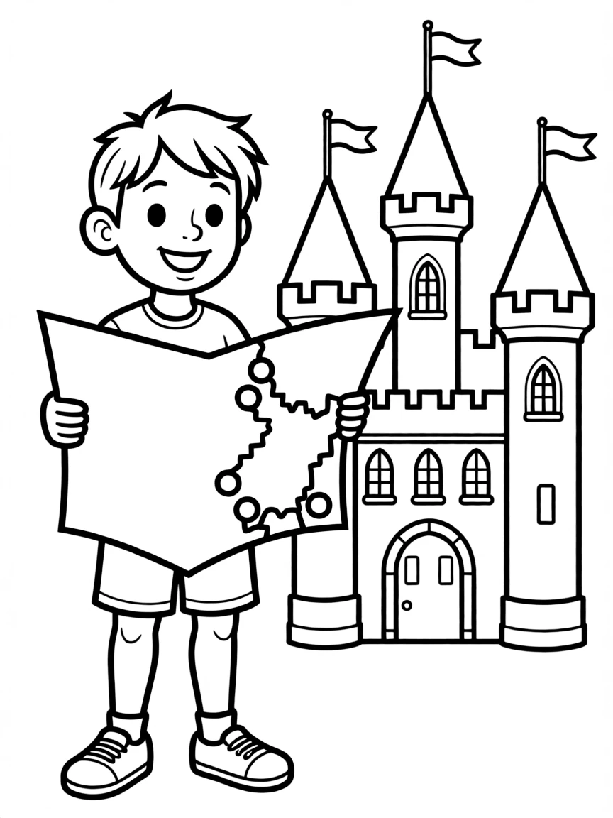 A smiling child with a map of Luxembourg and a castle.